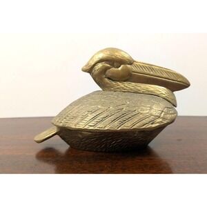 Vintage Solid Brass Pelican Trinket Box With Lid Coastal Bird Decor 8"